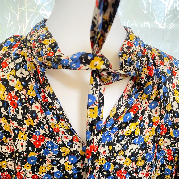 Veronica Beard mena black white red floral print neck tie silk blouse top - Picture 10 of 16